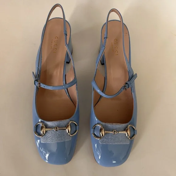 GUCCI Women's Horsebit Mary Jane Pumps Blue Patent Leather Size 8.5 NIB - Picture 4 of 10